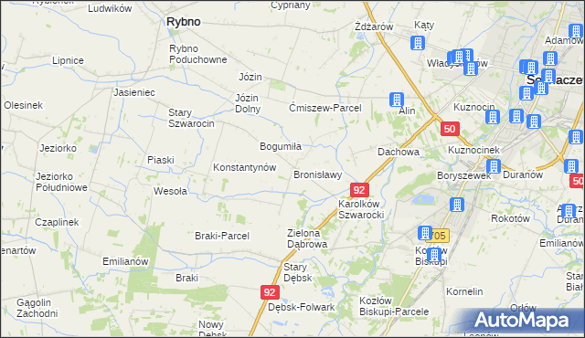 mapa Bronisławy gmina Rybno, Bronisławy gmina Rybno na mapie Targeo