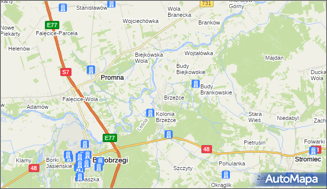 mapa Brzeźce gmina Białobrzegi, Brzeźce gmina Białobrzegi na mapie Targeo