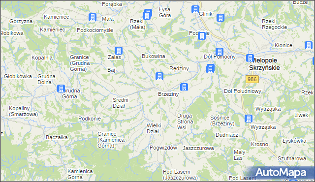mapa Brzeziny gmina Wielopole Skrzyńskie, Brzeziny gmina Wielopole Skrzyńskie na mapie Targeo