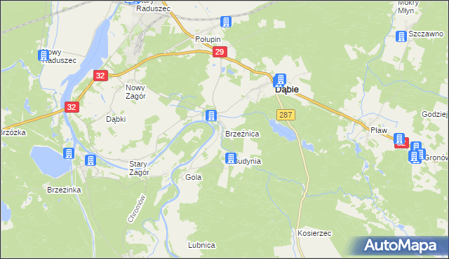 mapa Brzeźnica gmina Dąbie, Brzeźnica gmina Dąbie na mapie Targeo