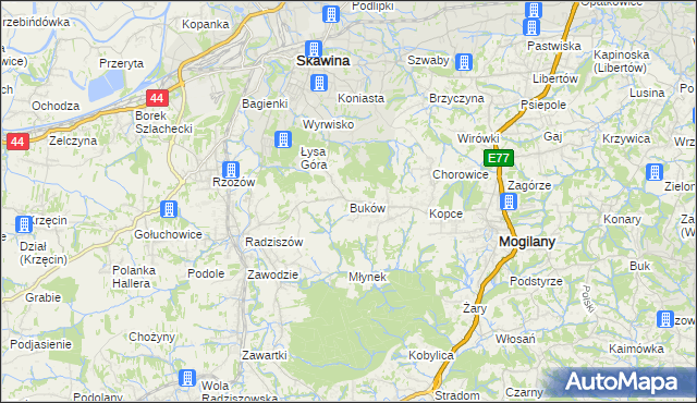mapa Buków gmina Mogilany, Buków gmina Mogilany na mapie Targeo