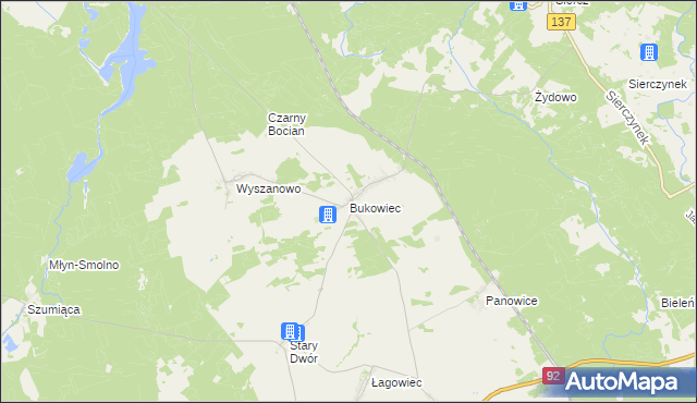 mapa Bukowiec gmina Międzyrzecz, Bukowiec gmina Międzyrzecz na mapie Targeo