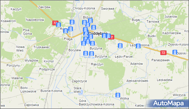 mapa Byczyna gmina Poddębice, Byczyna gmina Poddębice na mapie Targeo