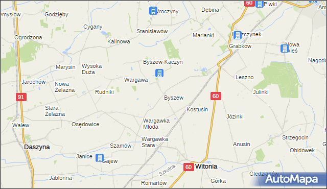 mapa Byszew gmina Kutno, Byszew gmina Kutno na mapie Targeo