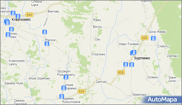 mapa Chojnowo gmina Sypniewo, Chojnowo gmina Sypniewo na mapie Targeo