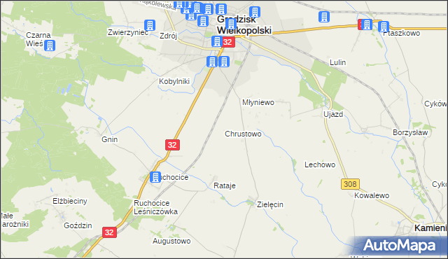 mapa Chrustowo gmina Grodzisk Wielkopolski, Chrustowo gmina Grodzisk Wielkopolski na mapie Targeo