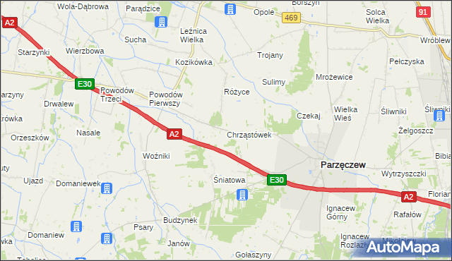mapa Chrząstówek gmina Parzęczew, Chrząstówek gmina Parzęczew na mapie Targeo