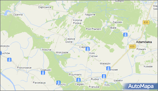 mapa Cieplice gmina Adamówka, Cieplice gmina Adamówka na mapie Targeo