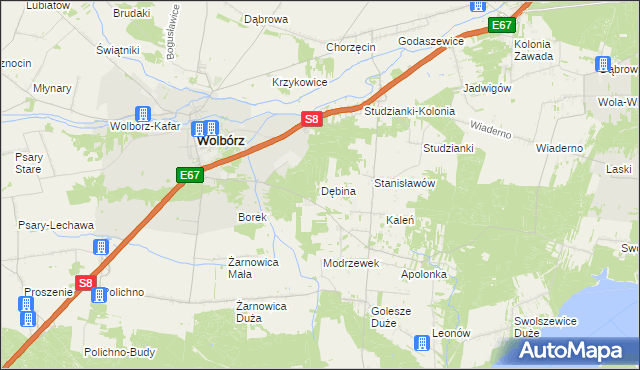mapa Dębina gmina Wolbórz, Dębina gmina Wolbórz na mapie Targeo