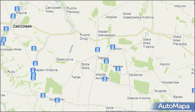 mapa Dębina gmina Zakrzew, Dębina gmina Zakrzew na mapie Targeo