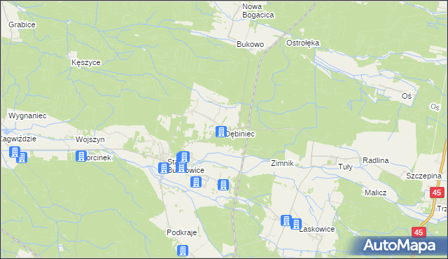 mapa Dębiniec gmina Murów, Dębiniec gmina Murów na mapie Targeo