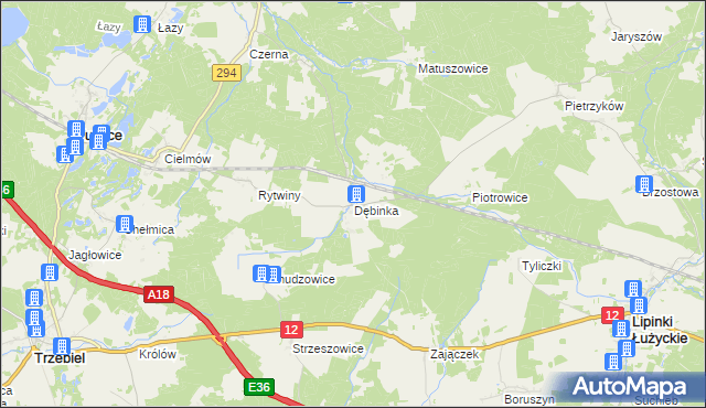 mapa Dębinka gmina Trzebiel, Dębinka gmina Trzebiel na mapie Targeo