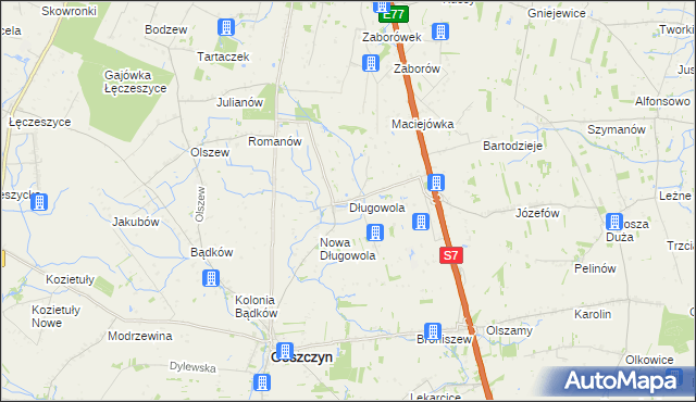mapa Długowola gmina Goszczyn, Długowola gmina Goszczyn na mapie Targeo