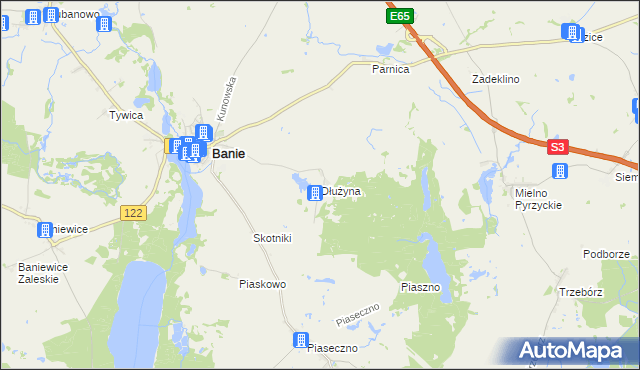 mapa Dłużyna gmina Banie, Dłużyna gmina Banie na mapie Targeo