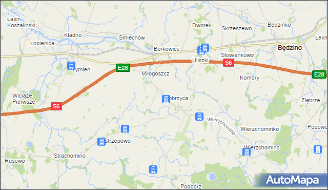 mapa Dobrzyca gmina Będzino, Dobrzyca gmina Będzino na mapie Targeo