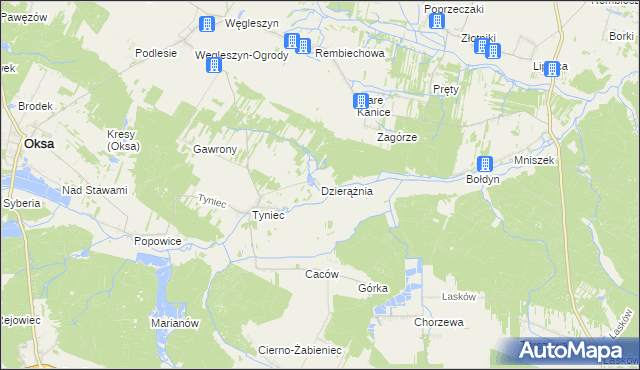mapa Dzierążnia gmina Oksa, Dzierążnia gmina Oksa na mapie Targeo
