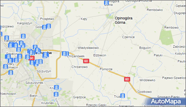 mapa Elżbiecin gmina Opinogóra Górna, Elżbiecin gmina Opinogóra Górna na mapie Targeo