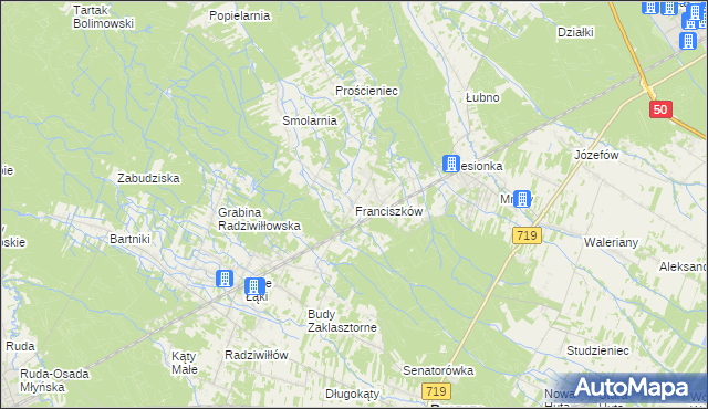 mapa Franciszków gmina Wiskitki, Franciszków gmina Wiskitki na mapie Targeo