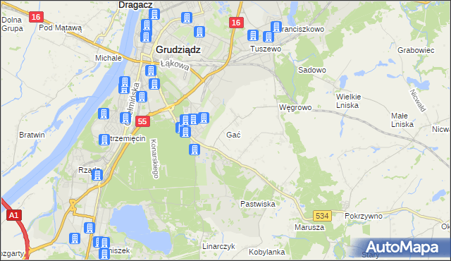 mapa Gać gmina Grudziądz, Gać gmina Grudziądz na mapie Targeo