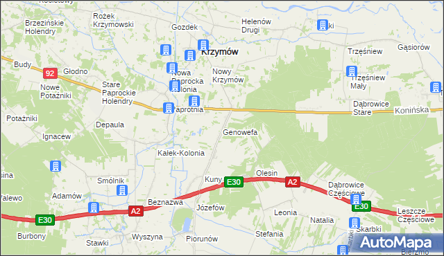 mapa Genowefa gmina Krzymów, Genowefa gmina Krzymów na mapie Targeo