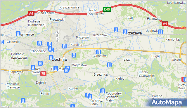 mapa Gorzków gmina Bochnia, Gorzków gmina Bochnia na mapie Targeo