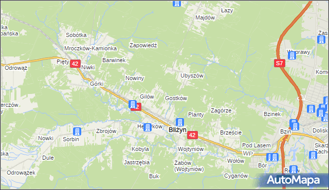 mapa Gostków gmina Bliżyn, Gostków gmina Bliżyn na mapie Targeo