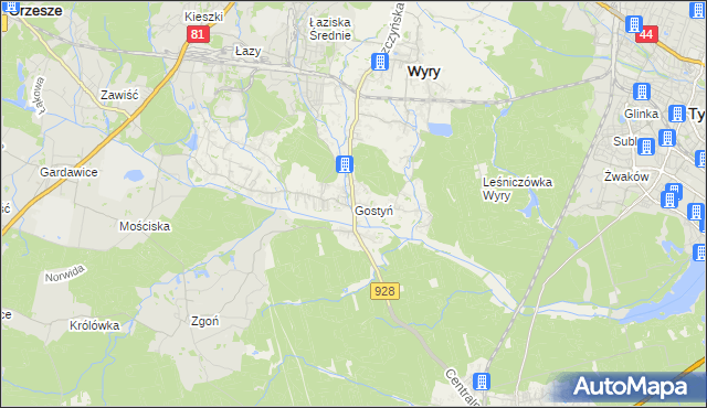 mapa Gostyń gmina Wyry, Gostyń gmina Wyry na mapie Targeo