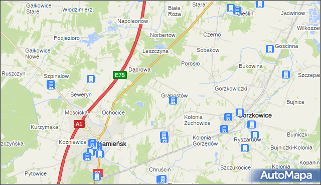 mapa Grabostów gmina Gorzkowice, Grabostów gmina Gorzkowice na mapie Targeo