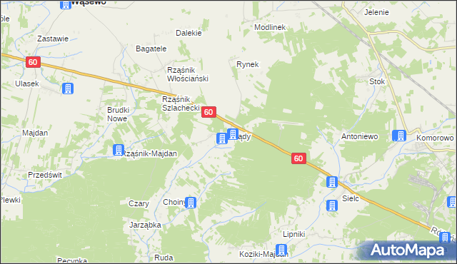 mapa Grądy gmina Wąsewo, Grądy gmina Wąsewo na mapie Targeo