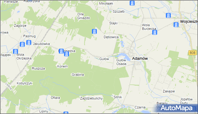 mapa Gułów gmina Adamów, Gułów gmina Adamów na mapie Targeo