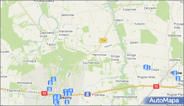 mapa Henryków gmina Brzeziny, Henryków gmina Brzeziny na mapie Targeo