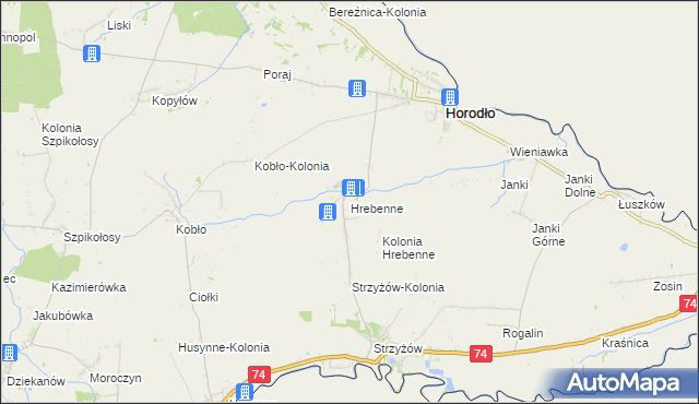 mapa Hrebenne gmina Horodło, Hrebenne gmina Horodło na mapie Targeo