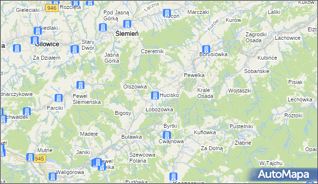 mapa Hucisko gmina Stryszawa, Hucisko gmina Stryszawa na mapie Targeo