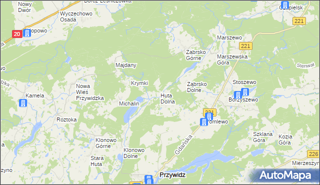 mapa Huta Dolna gmina Przywidz, Huta Dolna gmina Przywidz na mapie Targeo