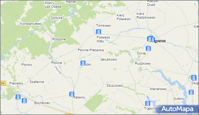 mapa Jakubkowo gmina Radomin, Jakubkowo gmina Radomin na mapie Targeo