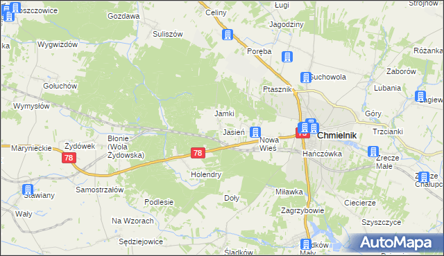mapa Jasień gmina Chmielnik, Jasień gmina Chmielnik na mapie Targeo