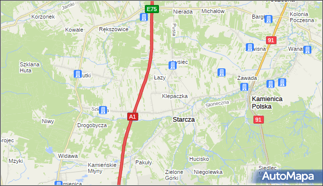 mapa Klepaczka gmina Starcza, Klepaczka gmina Starcza na mapie Targeo