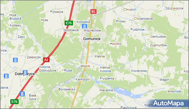 mapa Kletnia gmina Gomunice, Kletnia gmina Gomunice na mapie Targeo