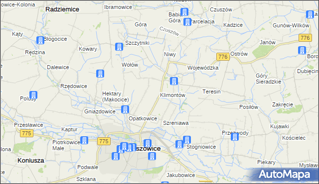 mapa Klimontów gmina Proszowice, Klimontów gmina Proszowice na mapie Targeo