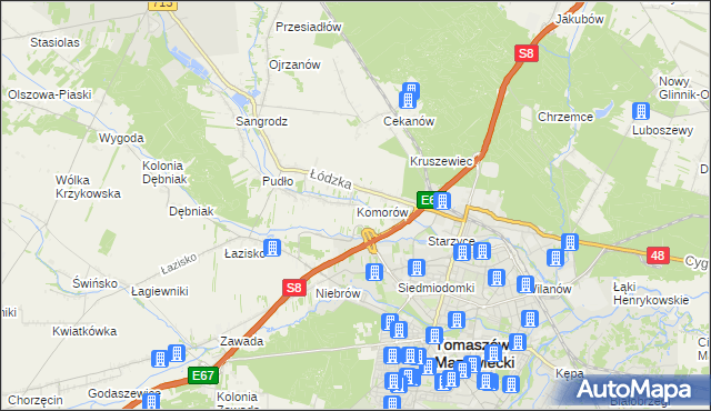 mapa Komorów gmina Tomaszów Mazowiecki, Komorów gmina Tomaszów Mazowiecki na mapie Targeo