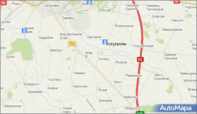 mapa Konary gmina Krzyżanów, Konary gmina Krzyżanów na mapie Targeo