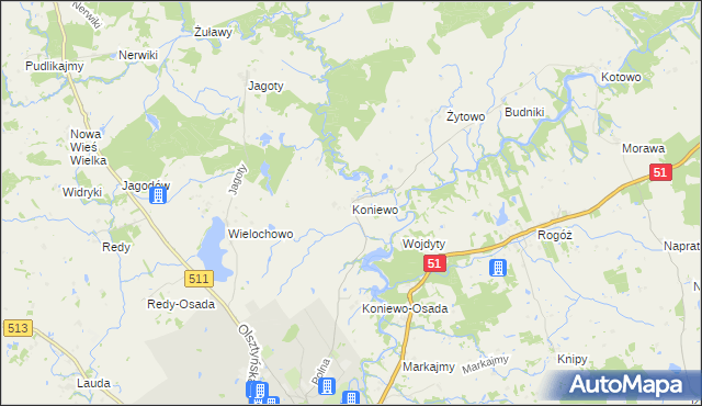 mapa Koniewo gmina Lidzbark Warmiński, Koniewo gmina Lidzbark Warmiński na mapie Targeo