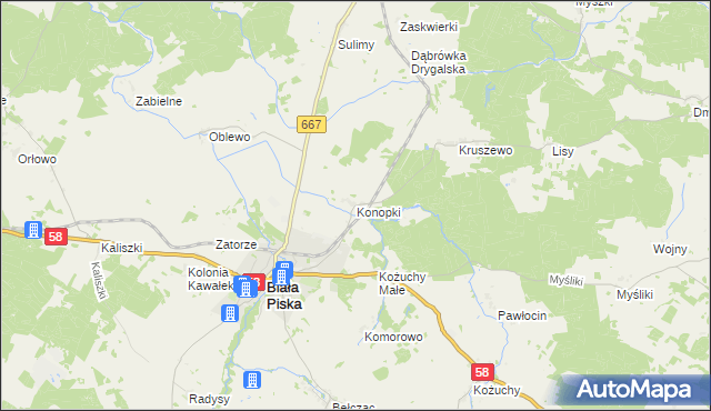 mapa Konopki gmina Biała Piska, Konopki gmina Biała Piska na mapie Targeo