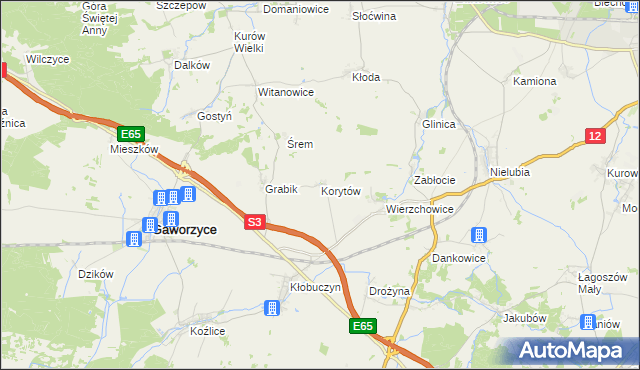 mapa Korytów gmina Gaworzyce, Korytów gmina Gaworzyce na mapie Targeo