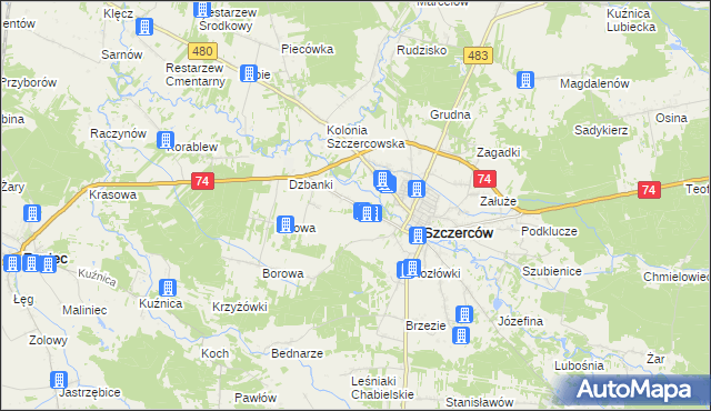 mapa Kościuszki gmina Szczerców, Kościuszki gmina Szczerców na mapie Targeo