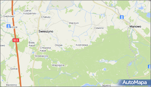 mapa Kostrzewa gmina Manowo, Kostrzewa gmina Manowo na mapie Targeo
