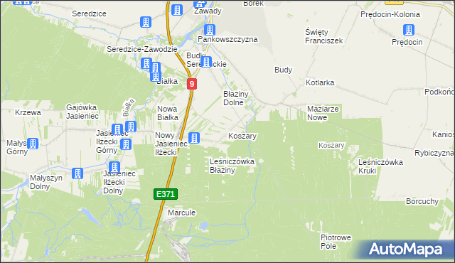 mapa Koszary gmina Iłża, Koszary gmina Iłża na mapie Targeo