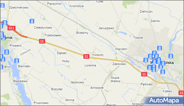 mapa Koszuty gmina Środa Wielkopolska, Koszuty gmina Środa Wielkopolska na mapie Targeo