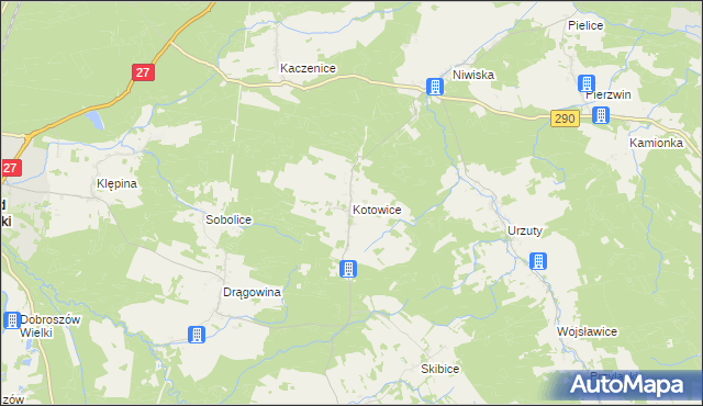 mapa Kotowice gmina Nowogród Bobrzański, Kotowice gmina Nowogród Bobrzański na mapie Targeo