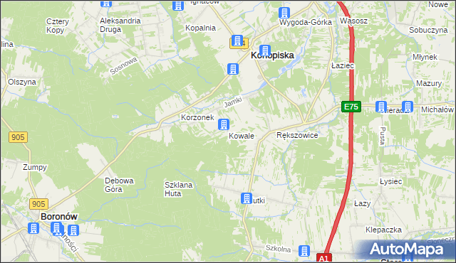 mapa Kowale gmina Konopiska, Kowale gmina Konopiska na mapie Targeo